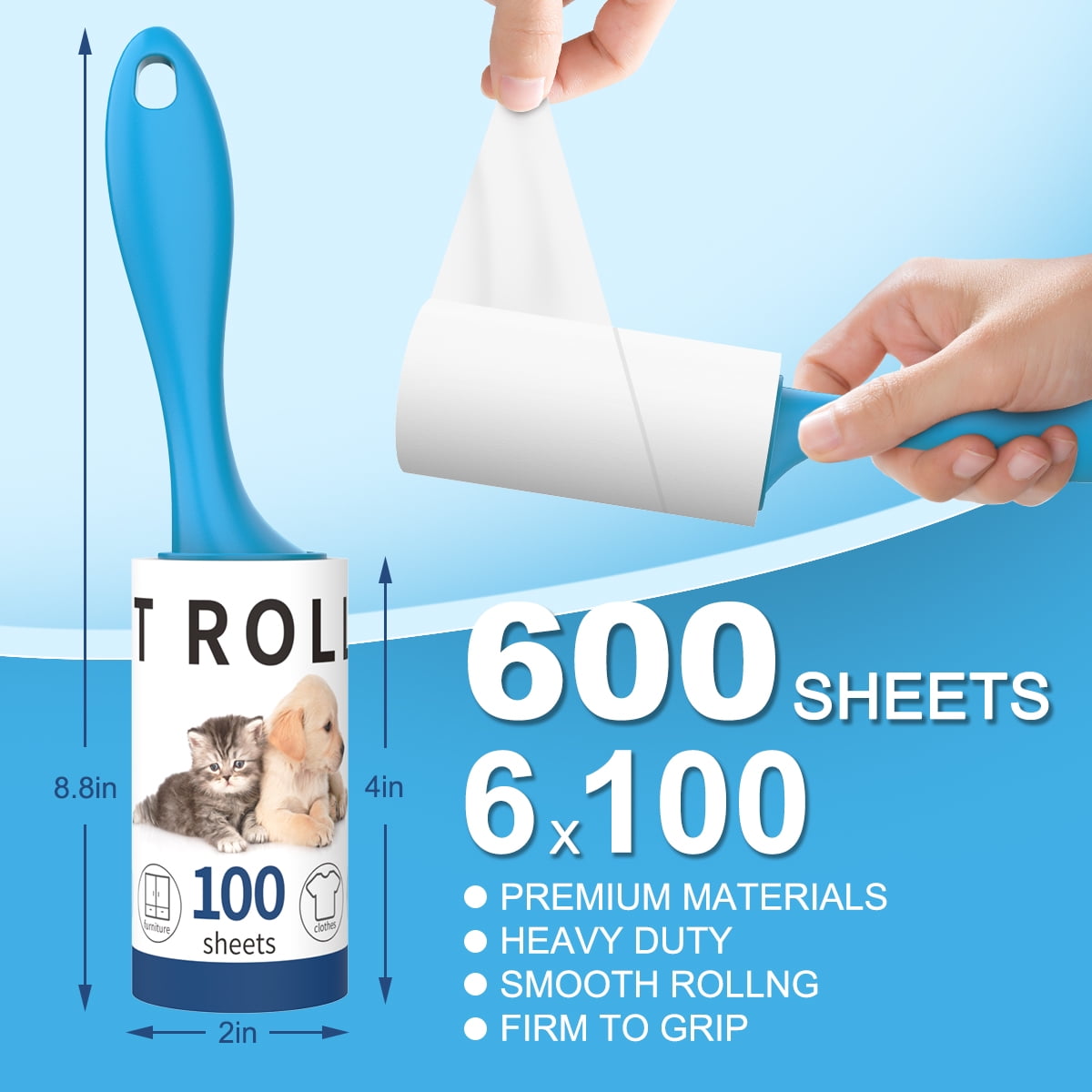 GPED Lint Rollers for Pet Hair Extra Sticky, 600 Sheets Total Upgraded 3 Handles with 6 Refills, Extra Sticky Remover for Clothes, Furniture, Carpet, Dog & Cat Hair Removal, Blue