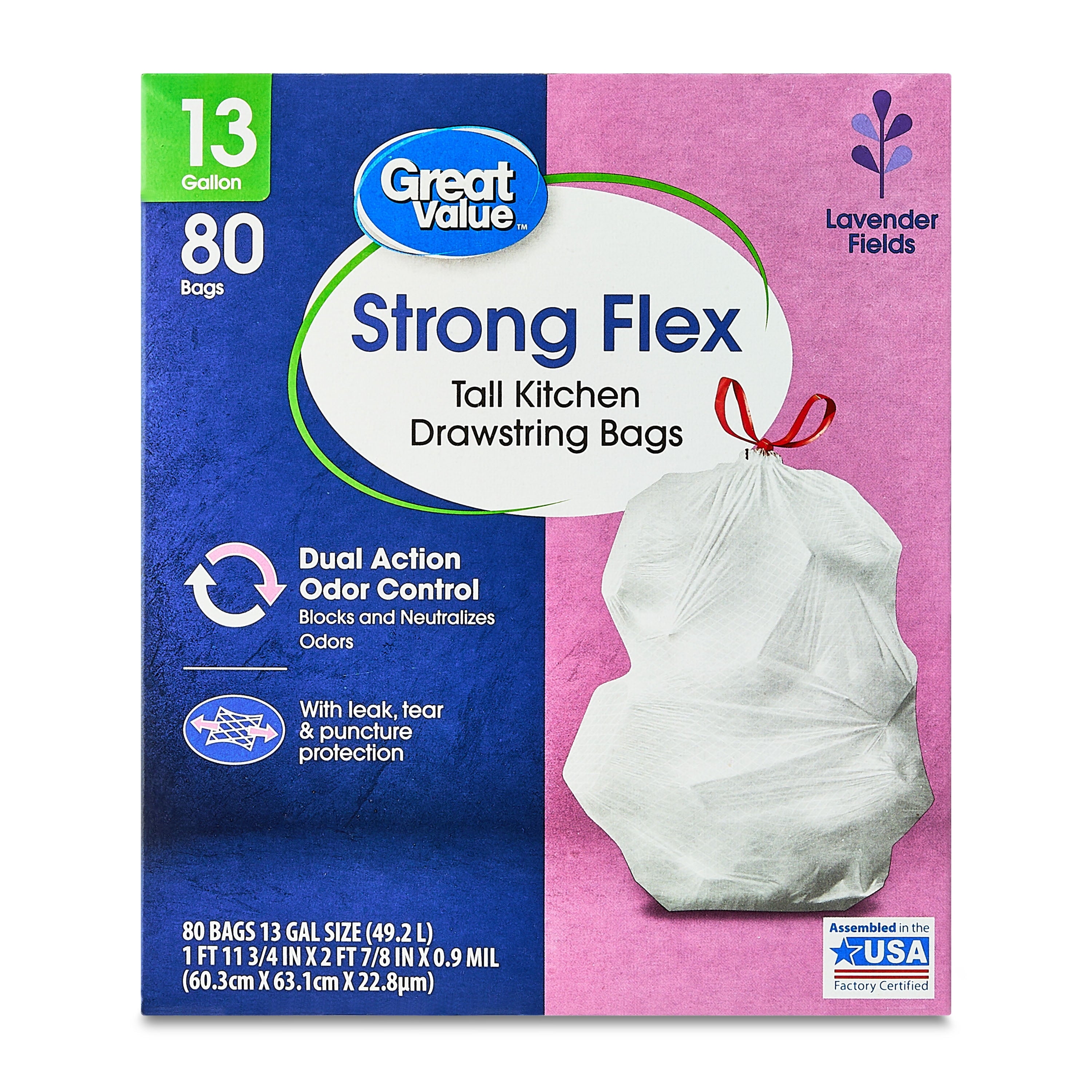 Great Value Strong Flex Tall Kitchen Drawstring Bags, Lavender Fields, 13 Gallon, 80 Count
