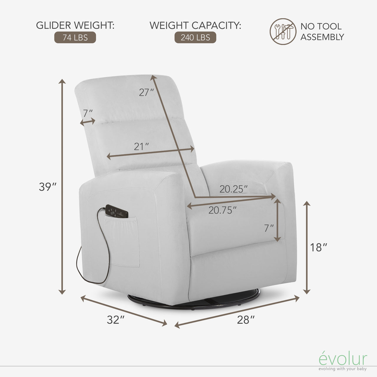 Evolur Reevo Upholstered Faux Leather Seating Glider Swivel, Rocker, Massager, Glider Chair For Modern Nursery, Misty Grey, Tool-Free Assembly, Easy to Clean, Environmentally Conscious Rocker