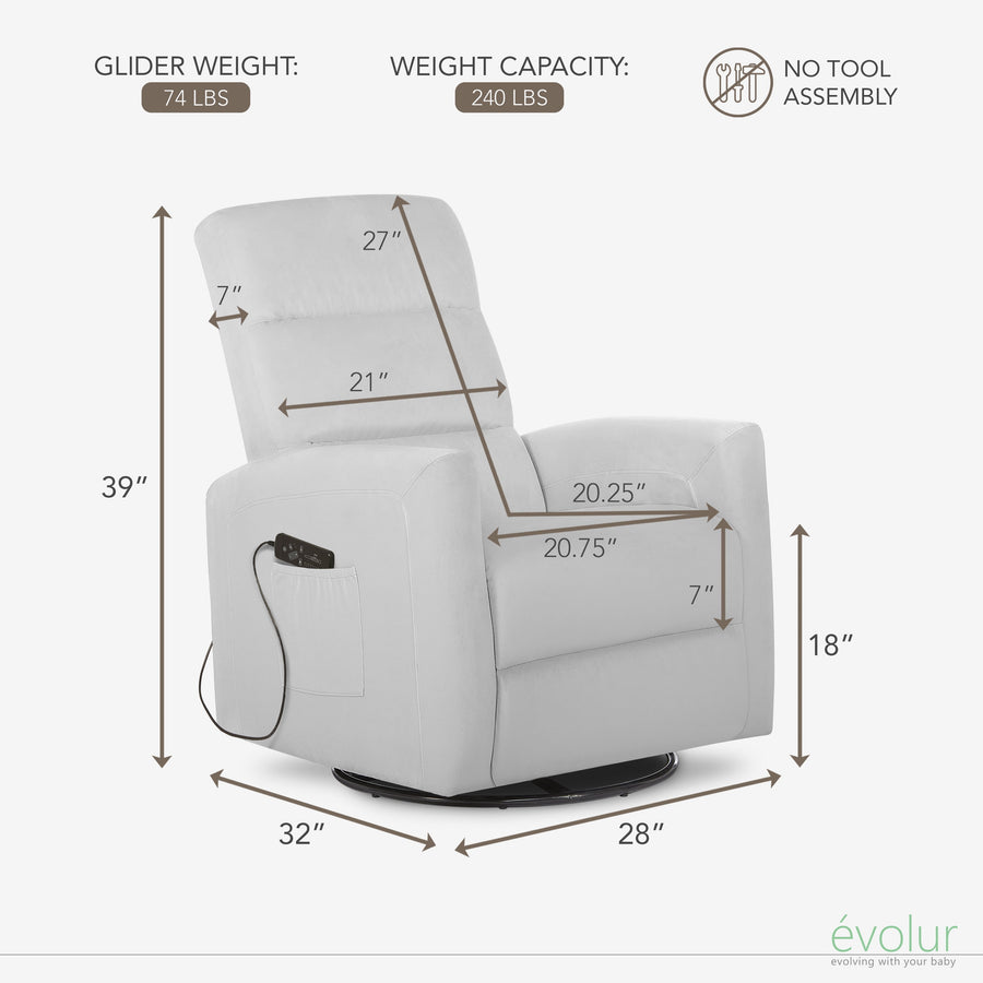 Evolur Reevo Upholstered Faux Leather Seating Glider Swivel, Rocker, Massager, Glider Chair For Modern Nursery, Misty Grey, Tool-Free Assembly, Easy to Clean, Environmentally Conscious Rocker