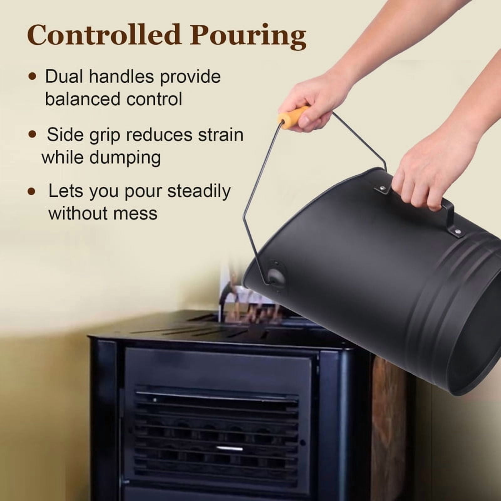 DUNCHATY Compact Ash Bucket 2.64Gal - Heat-Proof Steel Container for Hot Pellet Ash & Firewood, Quick Ash Cleanup w/Sturdy Handle