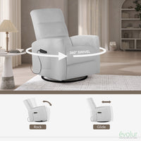 Evolur Reevo Upholstered Faux Leather Seating Glider Swivel, Rocker, Massager, Glider Chair For Modern Nursery, Misty Grey, Tool-Free Assembly, Easy to Clean, Environmentally Conscious Rocker