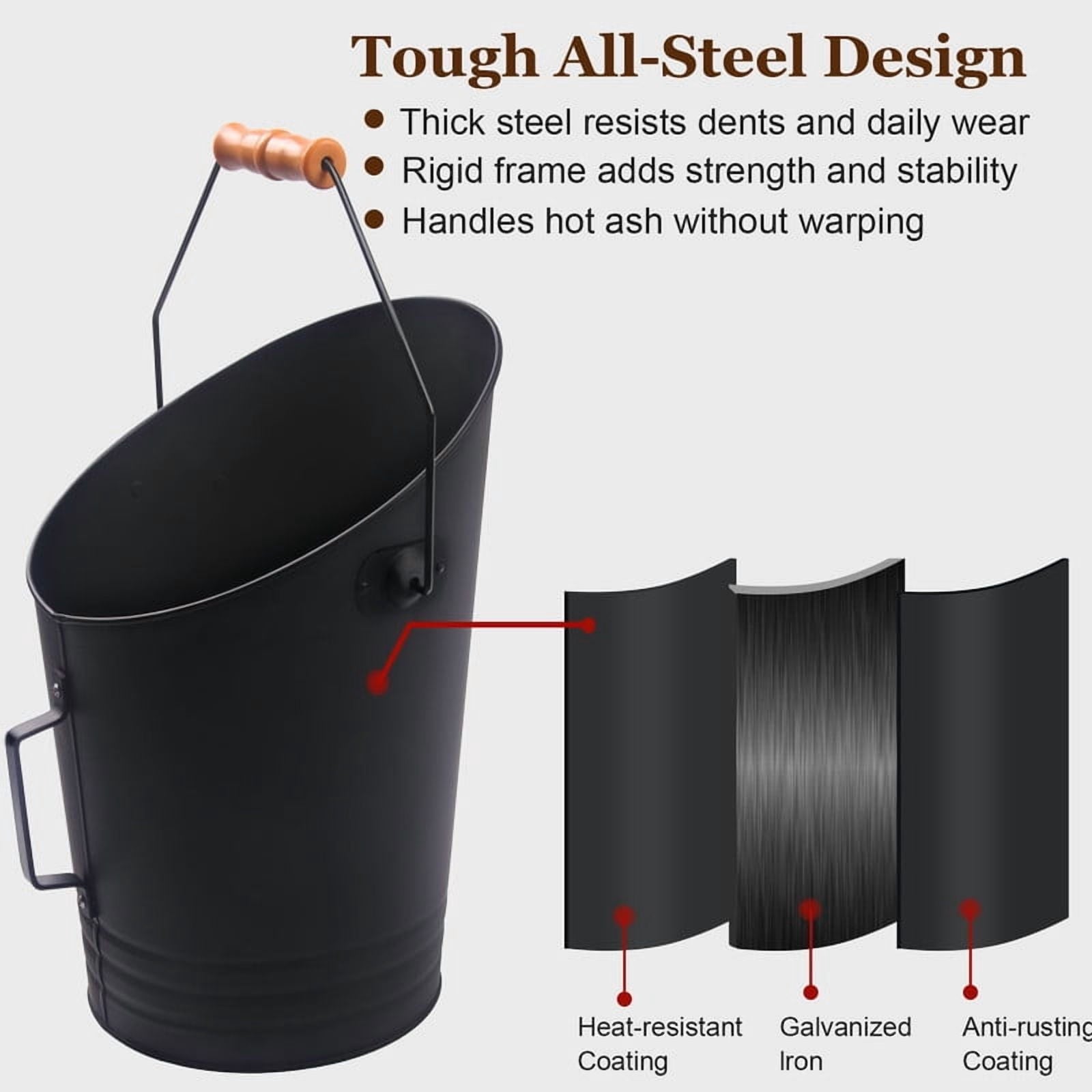 DUNCHATY Compact Ash Bucket 2.64Gal - Heat-Proof Steel Container for Hot Pellet Ash & Firewood, Quick Ash Cleanup w/Sturdy Handle