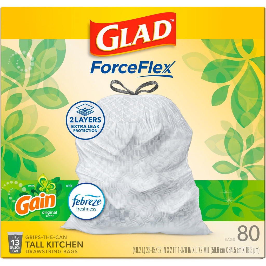 Glad ForceFlex Tall Kitchen Drawstring Trash Bags, 13 Gallon, Gain Original with Febreze Freshness, 80 Count