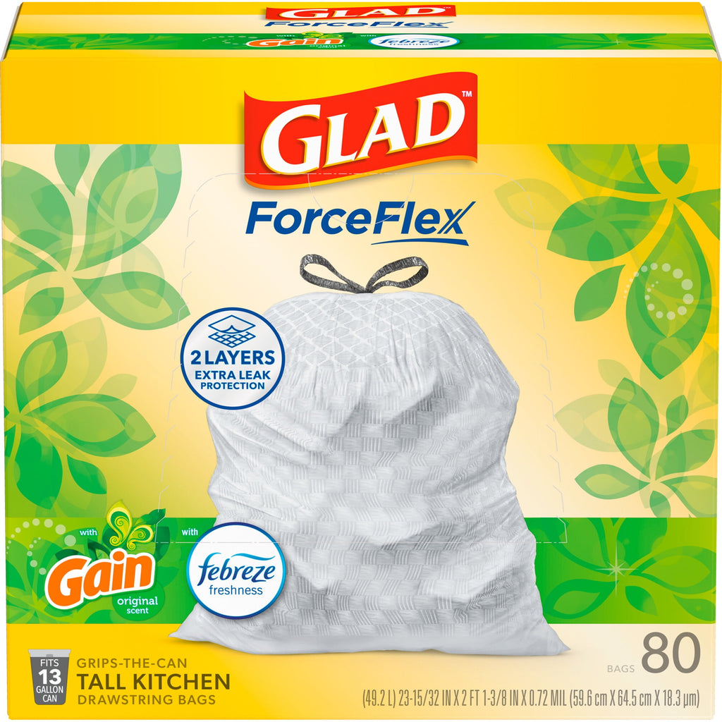 Glad ForceFlex Tall Kitchen Drawstring Trash Bags, 13 Gallon, Gain Original with Febreze Freshness, 80 Count