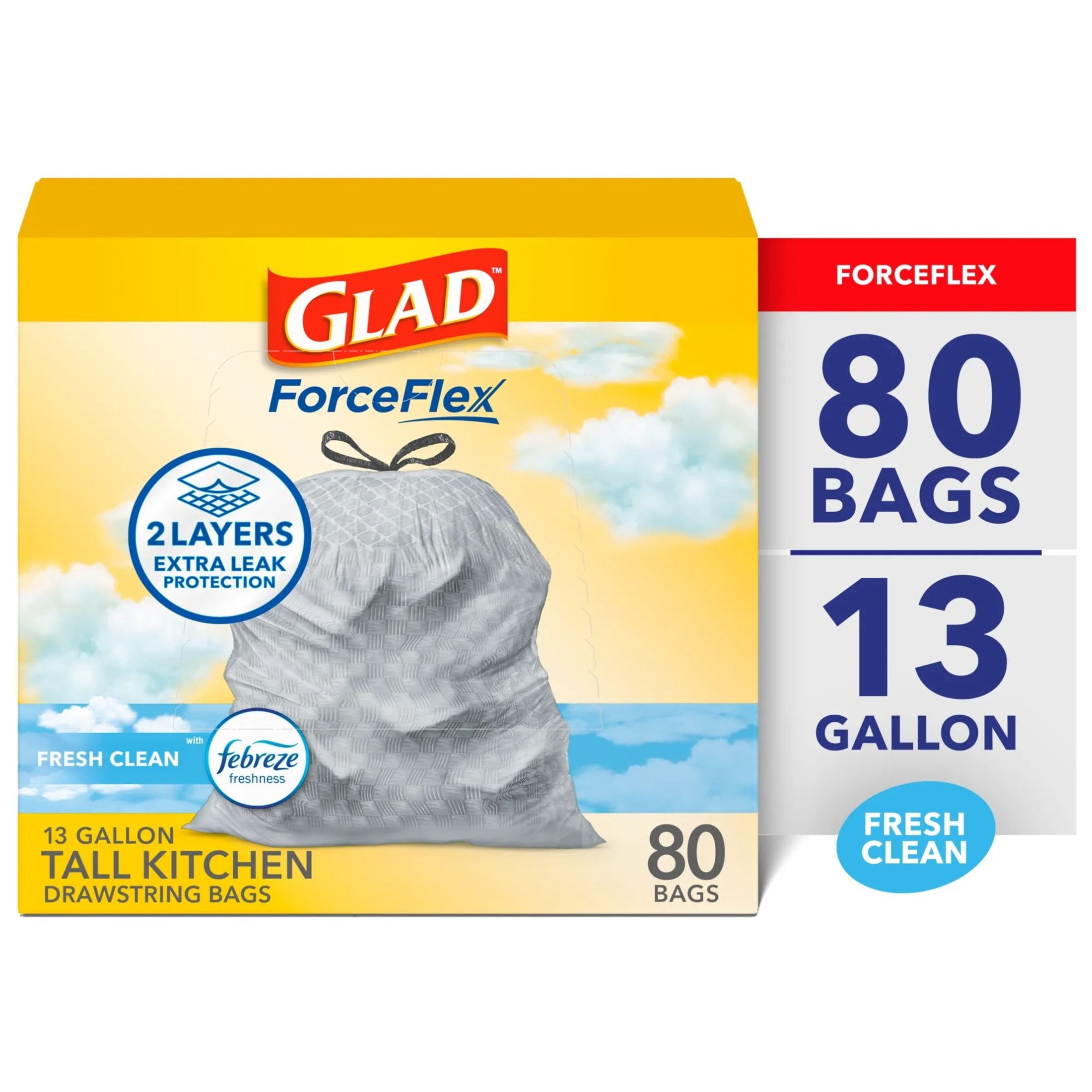 Glad ForceFlex Tall Kitchen Drawstring Trash Bags, 13 gallon, Gain Fresh Clean with Febreze Freshness, 80 Bags