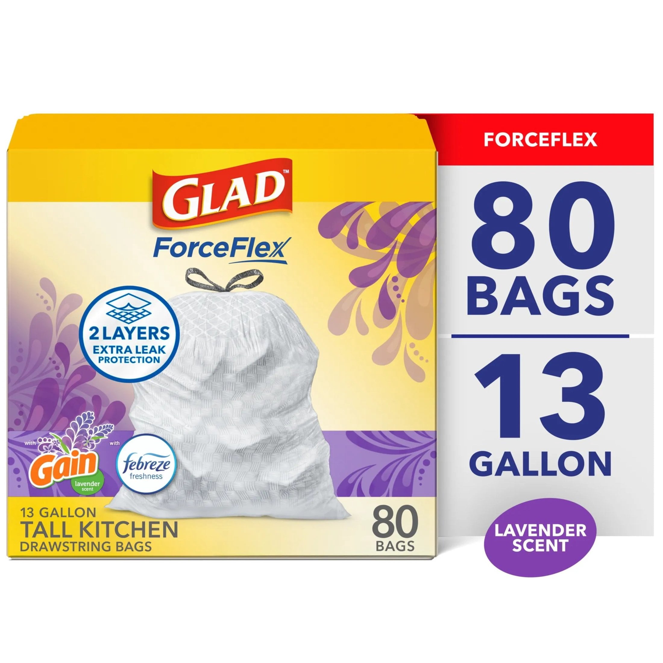 Glad ForceFlex Tall Kitchen Drawstring Trash Bags, 13 Gallon, Gain Lavender with Febreze Freshness, 80 Count