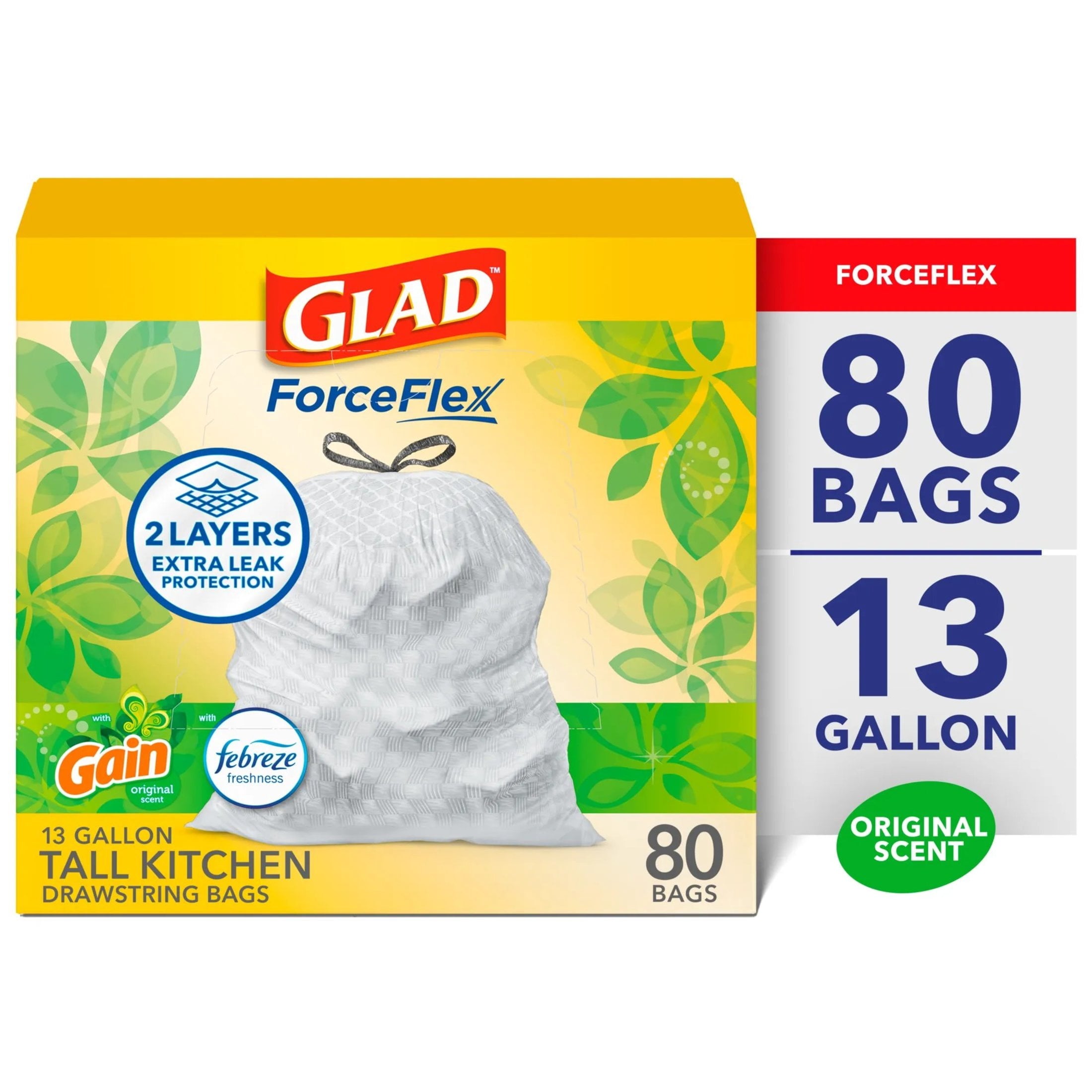 Glad ForceFlex Tall Kitchen Drawstring Trash Bags, 13 Gallon, Gain Original with Febreze Freshness, 80 Count