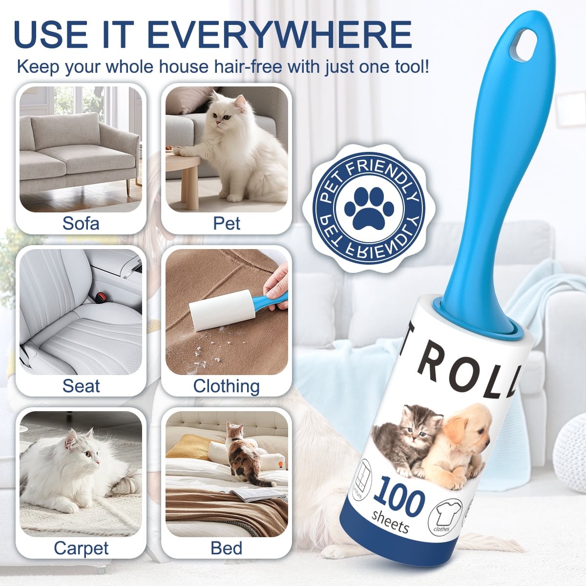 GPED Lint Rollers for Pet Hair Extra Sticky, 600 Sheets Total Upgraded 3 Handles with 6 Refills, Extra Sticky Remover for Clothes, Furniture, Carpet, Dog & Cat Hair Removal, Blue