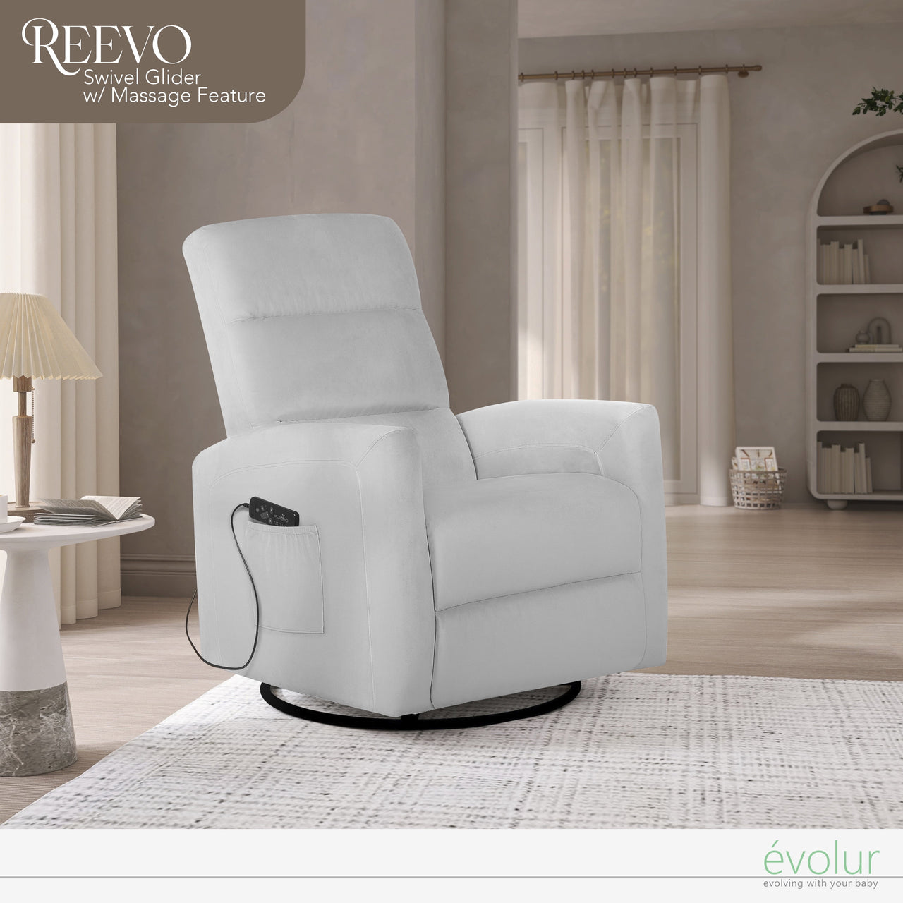 Evolur Reevo Upholstered Faux Leather Seating Glider Swivel, Rocker, Massager, Glider Chair For Modern Nursery, Misty Grey, Tool-Free Assembly, Easy to Clean, Environmentally Conscious Rocker