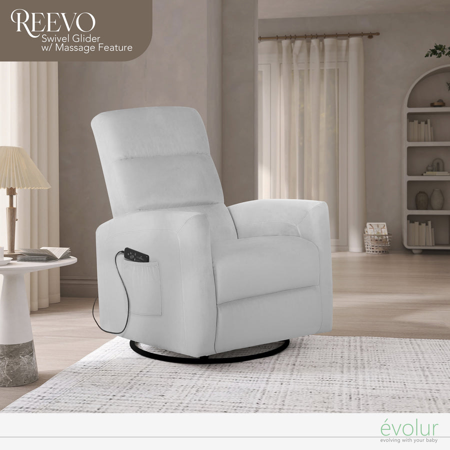 Evolur Reevo Upholstered Faux Leather Seating Glider Swivel, Rocker, Massager, Glider Chair For Modern Nursery, Misty Grey, Tool-Free Assembly, Easy to Clean, Environmentally Conscious Rocker