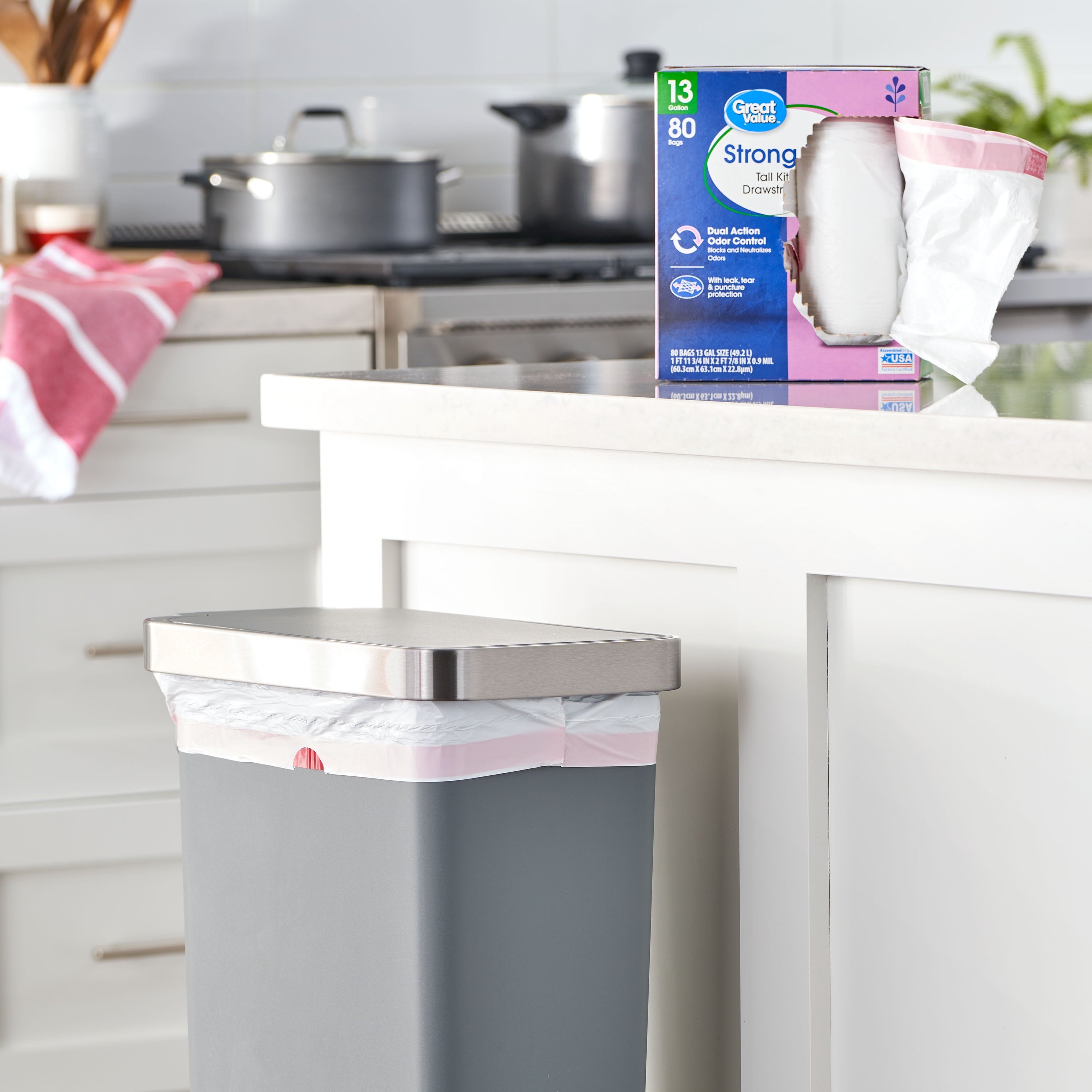 Great Value Strong Flex Tall Kitchen Drawstring Bags, Lavender Fields, 13 Gallon, 80 Count