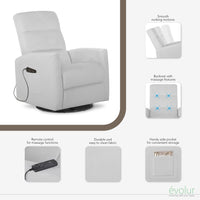 Evolur Reevo Upholstered Faux Leather Seating Glider Swivel, Rocker, Massager, Glider Chair For Modern Nursery, Misty Grey, Tool-Free Assembly, Easy to Clean, Environmentally Conscious Rocker